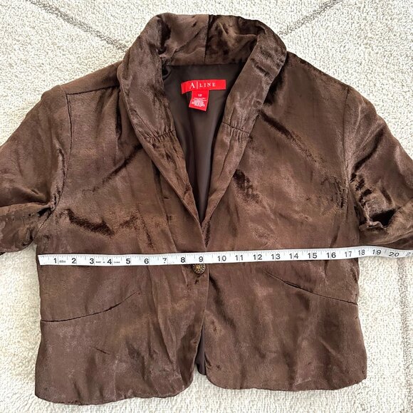 Brown Velvet Cropped Blazer Jacket Single Button Closure Sz 12 - Picture 3 of 8
